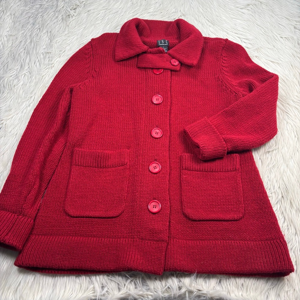 Vintage INC International Concepts Women's L Red Chunky Knit Sweater Coat Twee
